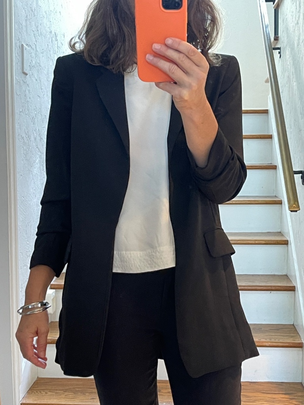 H&M open front black long blazer with gathered sleeves women XS